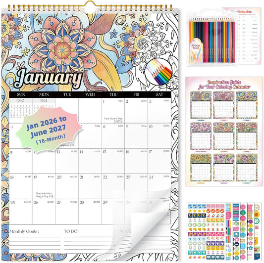 Ospelelf Wall Calendar 2026 - 2027 Hanging Coloring Calendar 12'' x 17'', Monthly Kids Calendars Planner with Plastic Cover, 18 Month Doodle Calendar for Family, Office, Use Jan 2026 - June 2027, Floral