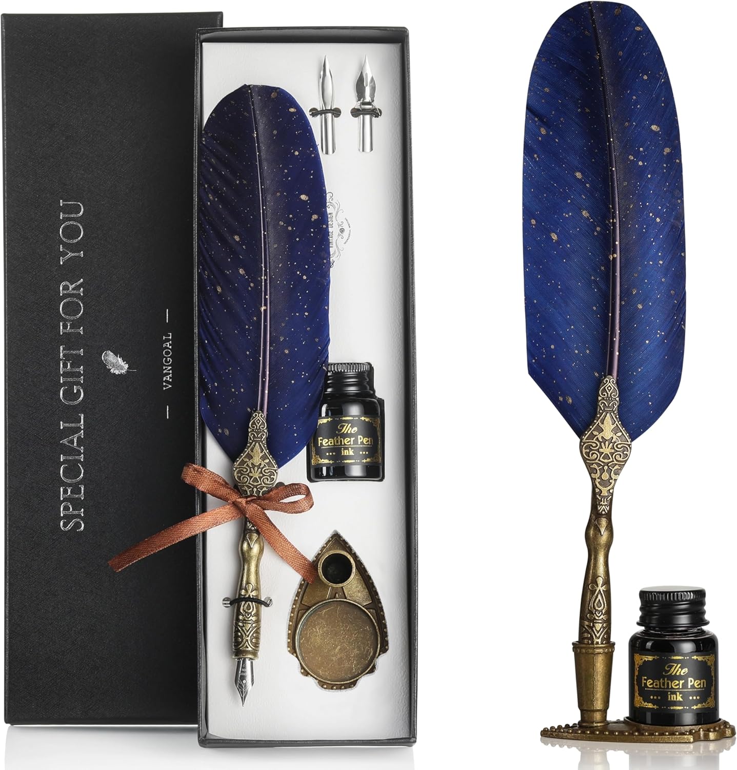 VANGOAL Vintage Carving Feather Pen Set, Glittering Quill Set Antique Calligraphy Writing Dip with Ink, 2 Replacement Nibs, Stand Base, Luxury Signature (Blue)