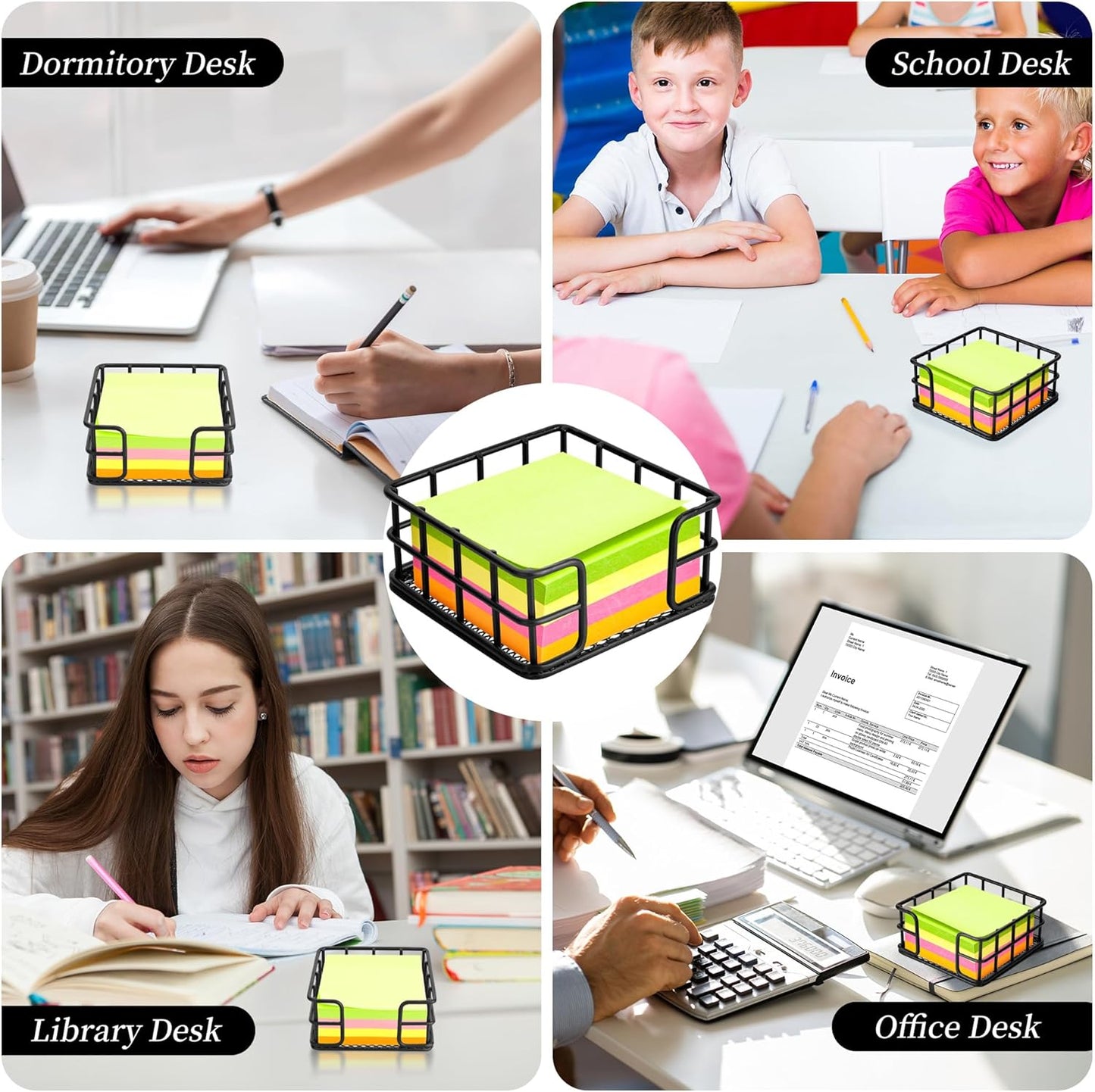 2 Pack Metal Sticky Note Holder, Modern Minimalist Black Wire Memo Note Cube Holder Dispenser Desk Organizer with Mesh Bottom for Home School Office