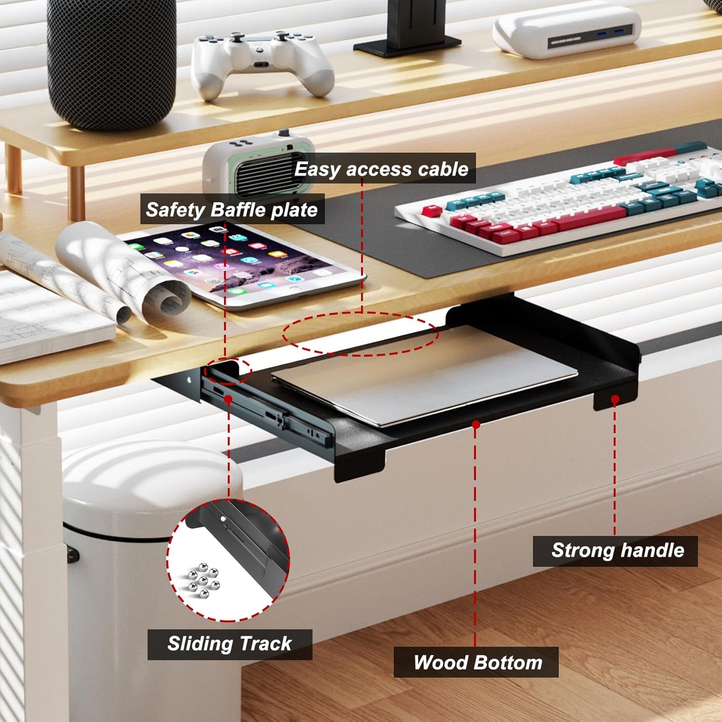 20 Inch Under Desk Mounted Sliding Loptop Drawer, Desktop Extension Pull-Out Laptop Tray for Office Desk, Extra Storage Organizer for Sit Stand Workstation