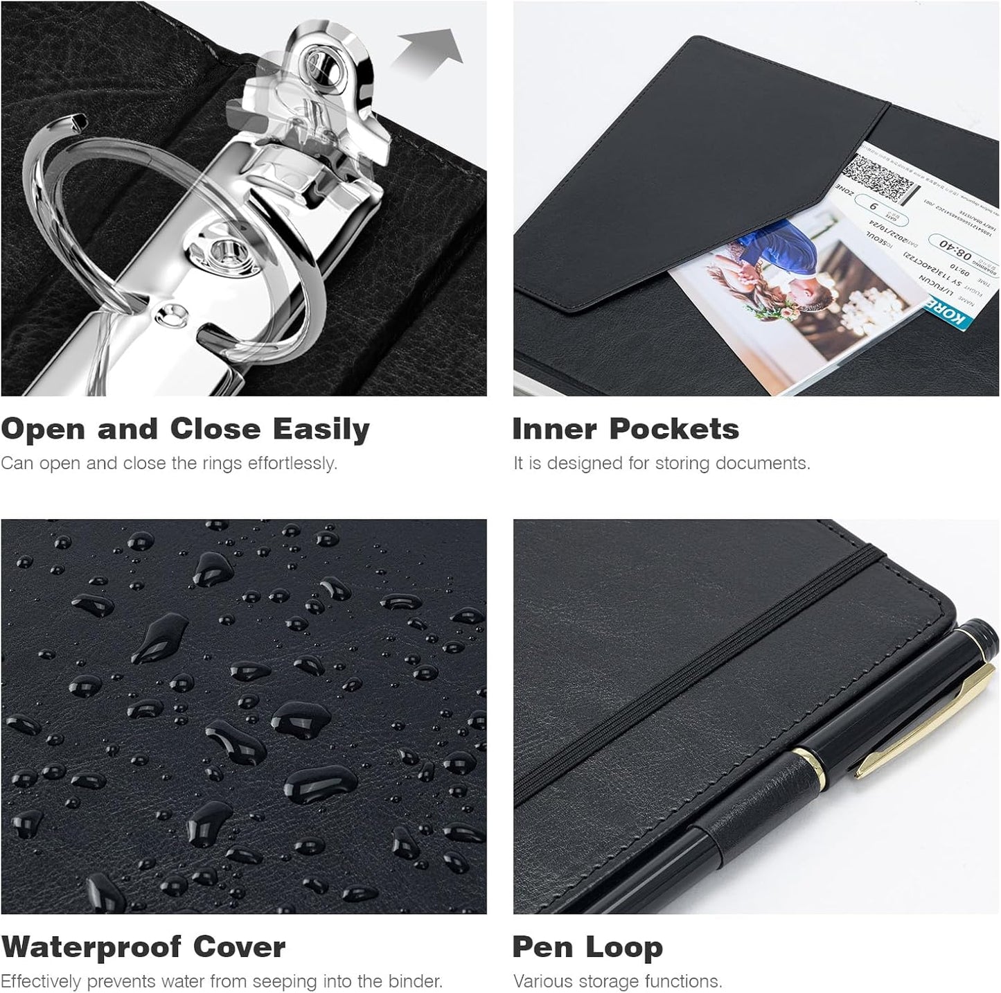 Ospelelf 3 Ring Clipboard Binder 1 Inch Leather for Letter Size (8.5" x 11"), Clipboard Binder with 5 Tab Dividers, Black