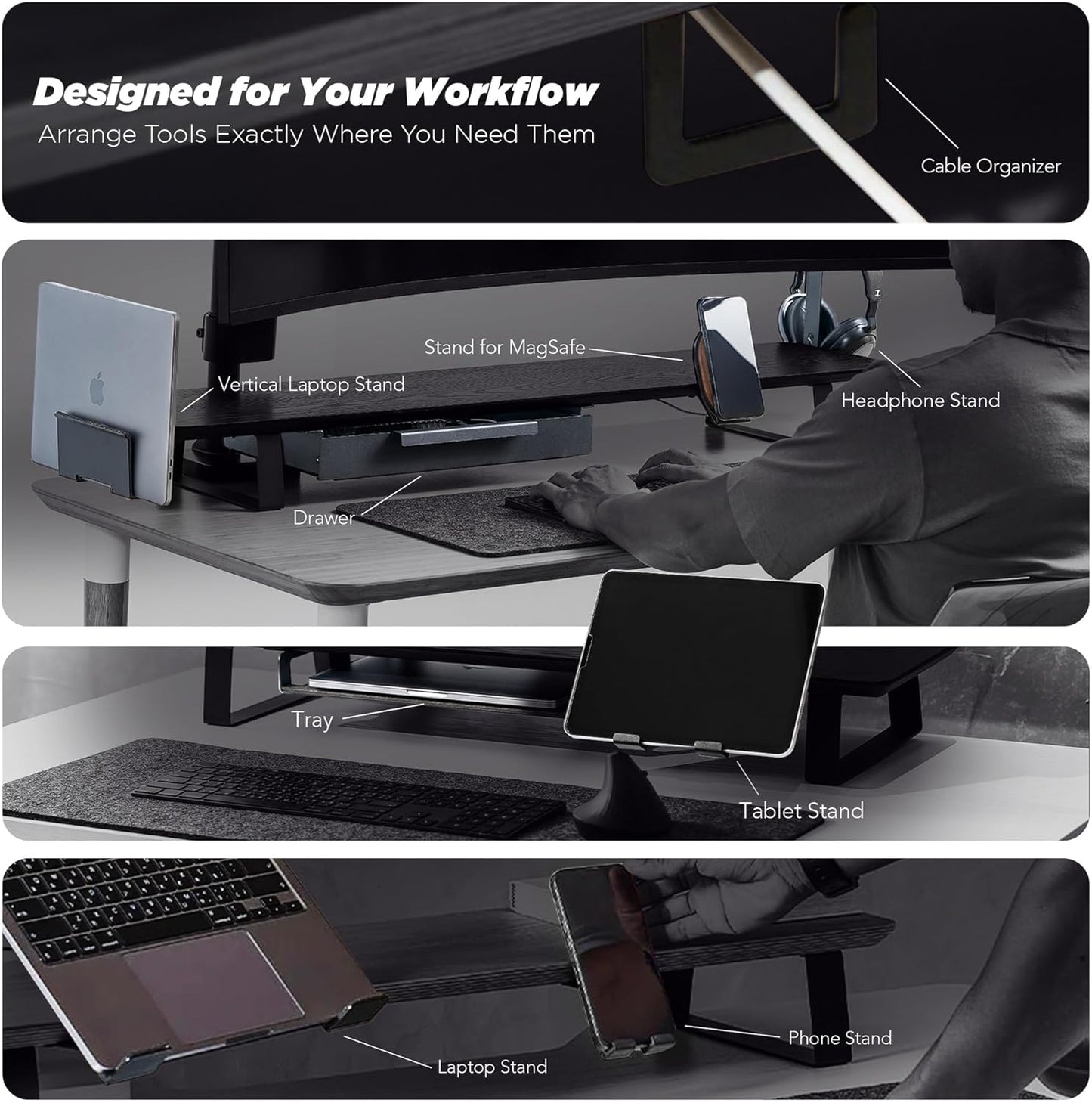 Moodular Wooden Monitor Stand 33.4” (85cm) Desk Organizer with Metal Slide Rails for Drawer, Tray, Laptop, Tablet, Phone & Headphones Customizable Riser for Organized Workspace Black MS85-B