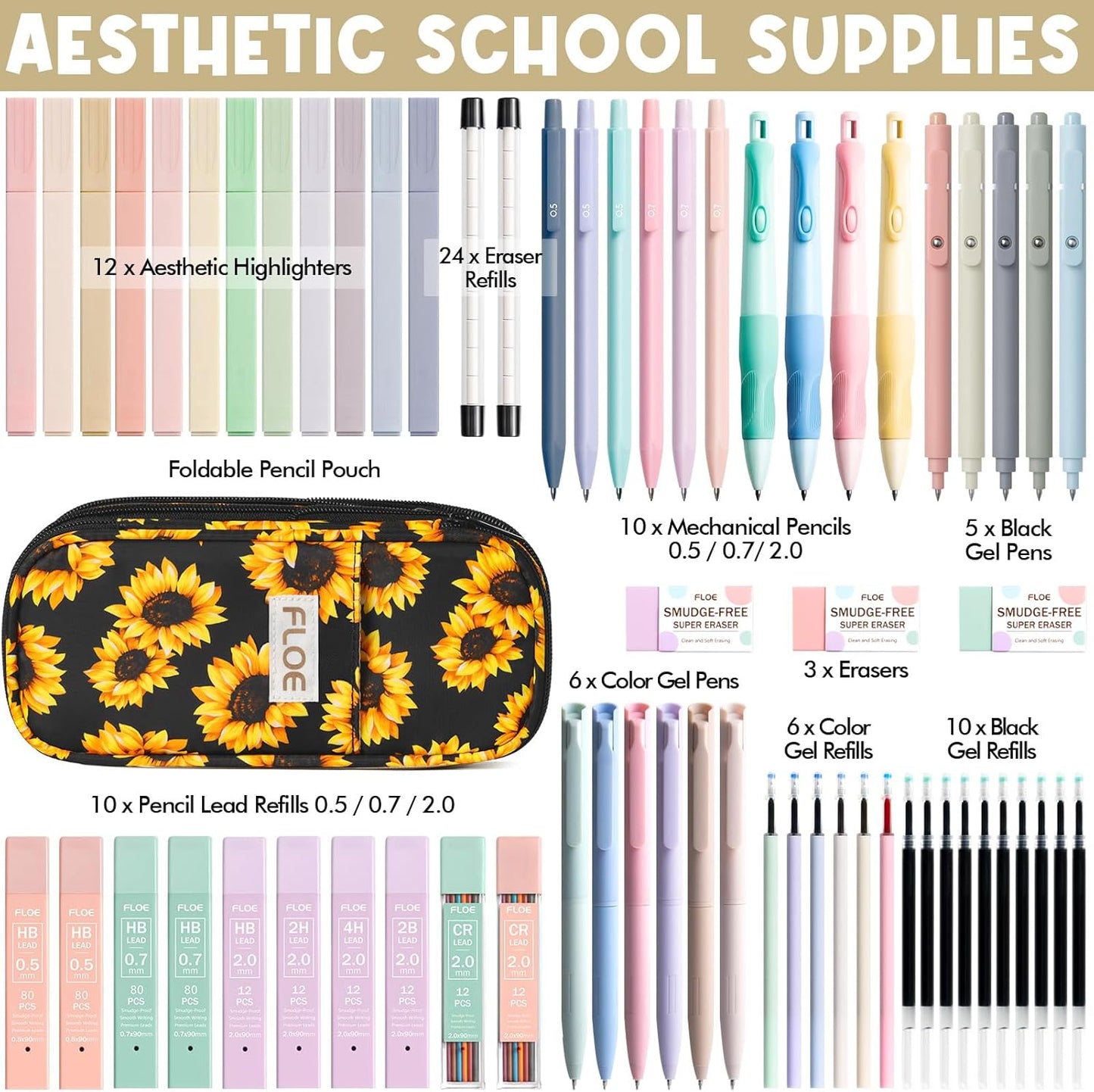 65PCS Aesthetic School Supplies with Cute Pencil Case, Pastel Highlighters Gel Pens Mechanical Pencils Set 0.5 0.7 & 2.0mm, Office Back to School Supplies College Essentials Kit Student Stationary Set