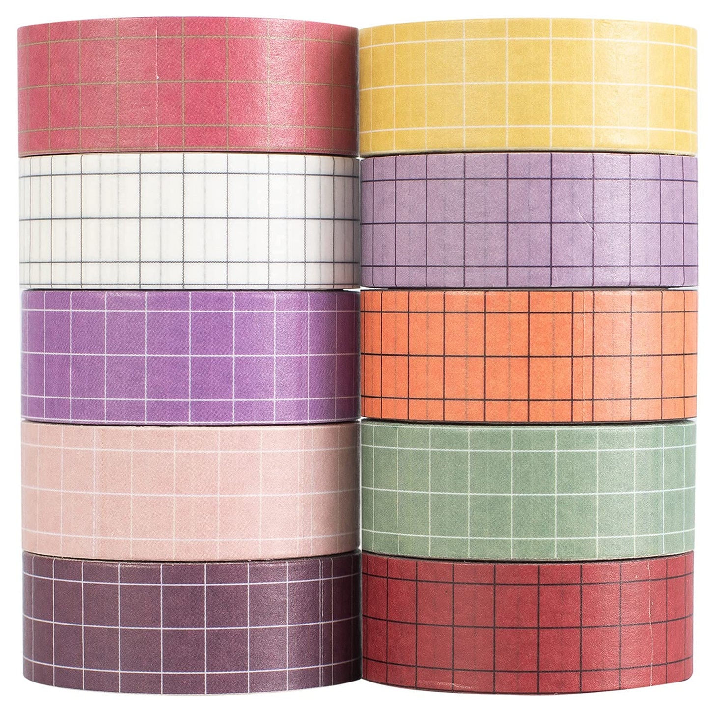 Grid Washi Tape Set 10 Rolls Plaid Decorative Tapes for Journals, Planners, Scrapbooking, Gift Wrapping, DIY Crafts (Tulip)
