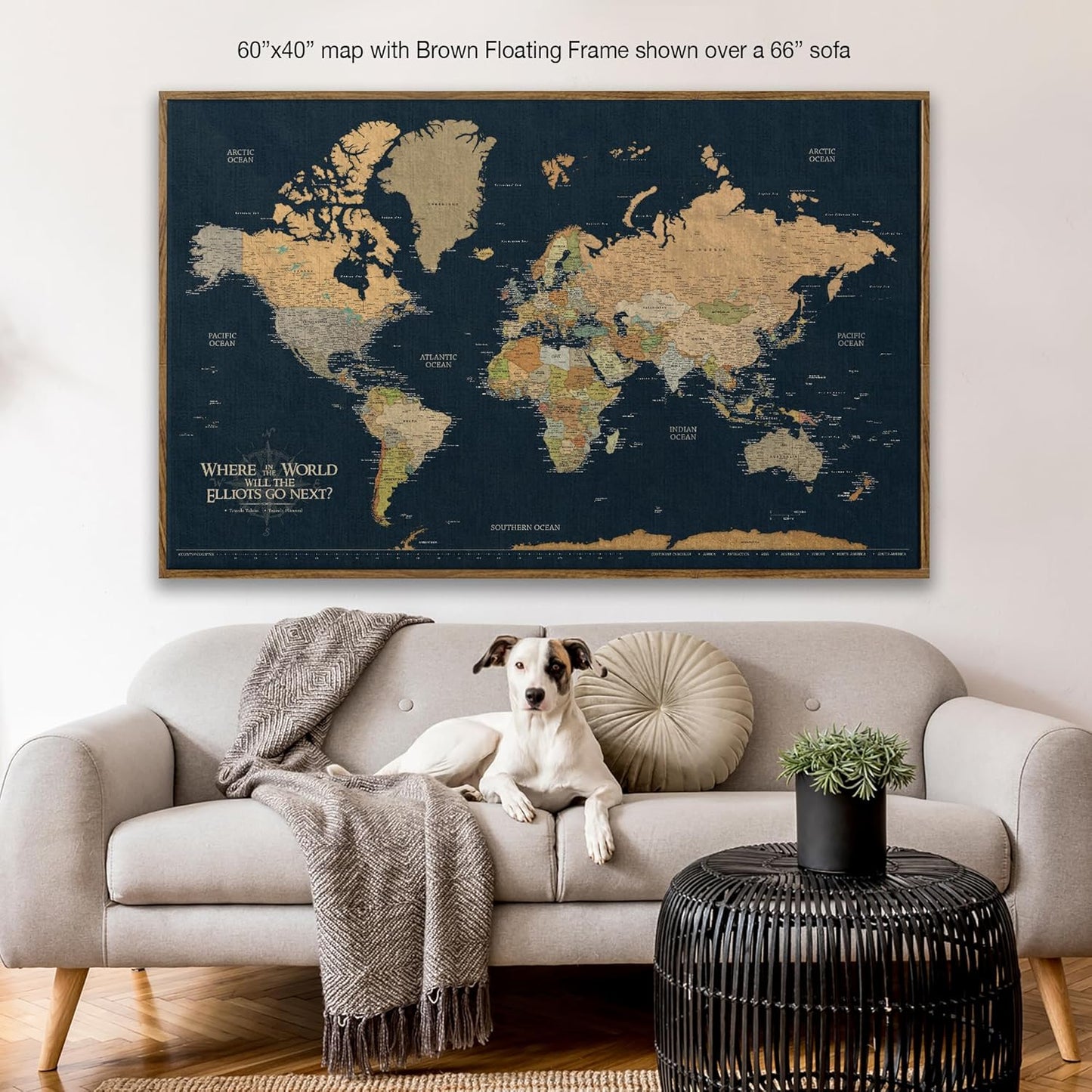 HolyCowCanvas Personalized Push Pin World Map on Canvas in Classic Earth Tones on Navy Background, World Map Pin Board, Travel Tracker to Mark Places Traveled (60x40, Gallery Wrapped Canvas)