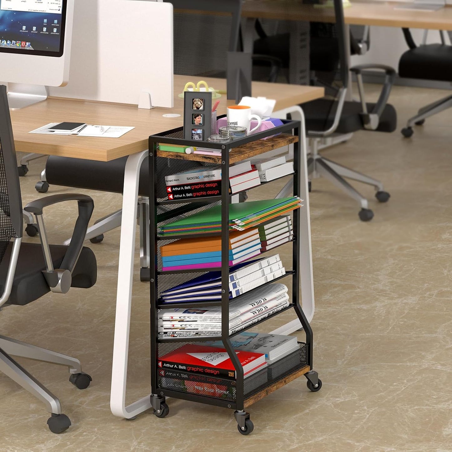 7 Tier Rolling File Cart with Sliding Trays, Wood Metal File Organizer Beside Desk, Free-Standing File Holder, Paper Letter Tray Organizer Mesh Desk Organizer for Home Office School (Patent)