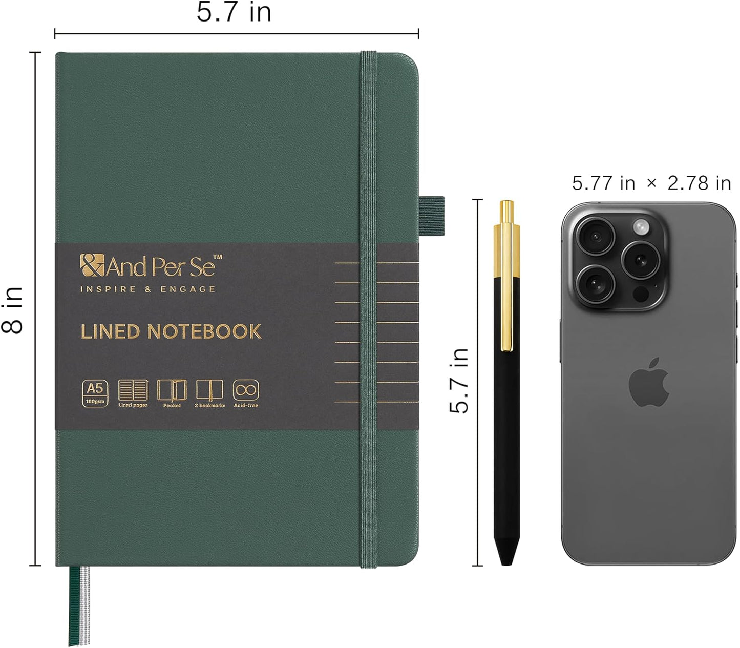 &And Per Se Lined Journal and Pen Set (3 packs), A5 Leather Journal Stationery Set, 160 Pages 100GSM Thick Paper, Notebook Gift Set (Green)