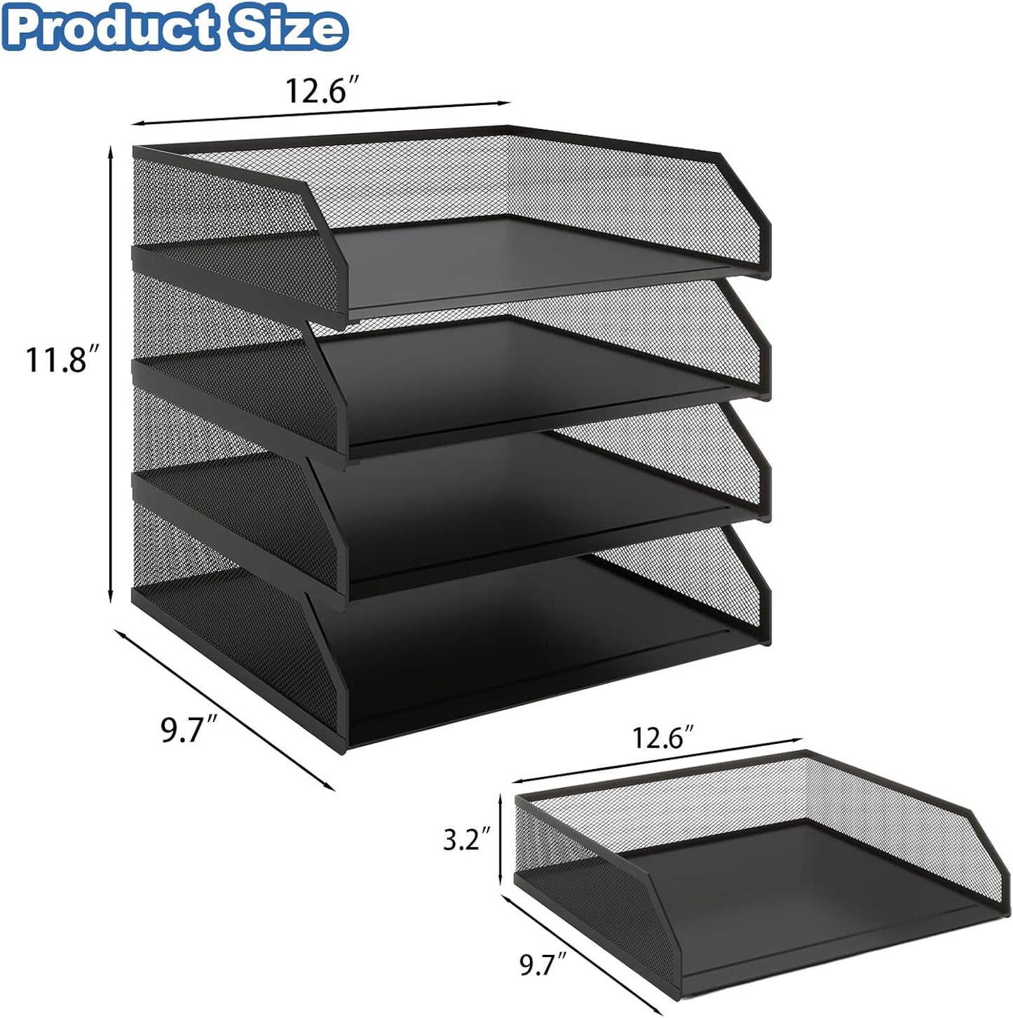 Natwind 4-Tier Stackable Paper Tray, Metal Mesh Desktop Organizer, A4 Paper Sorter, Letter Trays,File Folder Sorter Organizer with Sliding Tray for Home, Office, School (Black)