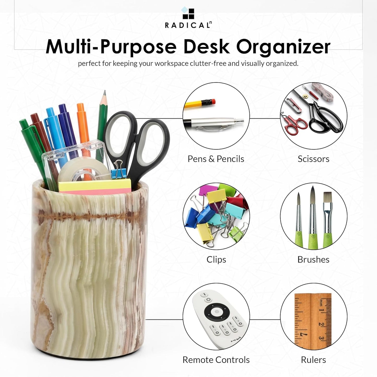 Radicaln Marble Pen Holder For Desk 4" Inches Green Onyx Handmade Stationary Holder For Office Supplies, Ideal Pencil Holders & Desk Organizer, Use for Makeup Accessories