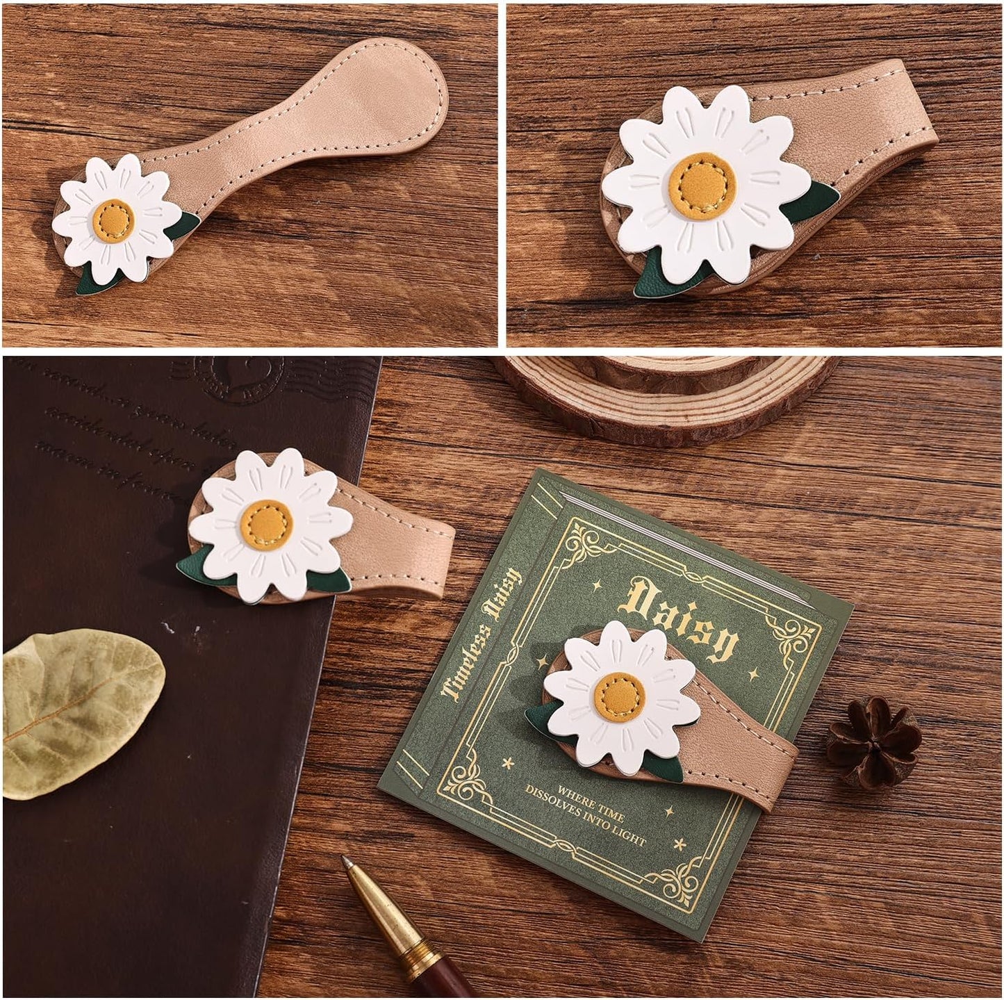 2PCS Vintage Magnetic Leather Bookmark, Leather Magnetic Bookmarks for Women, Magnetic PU Bookmarks Clip Book Accessories, Daisy & Tulip