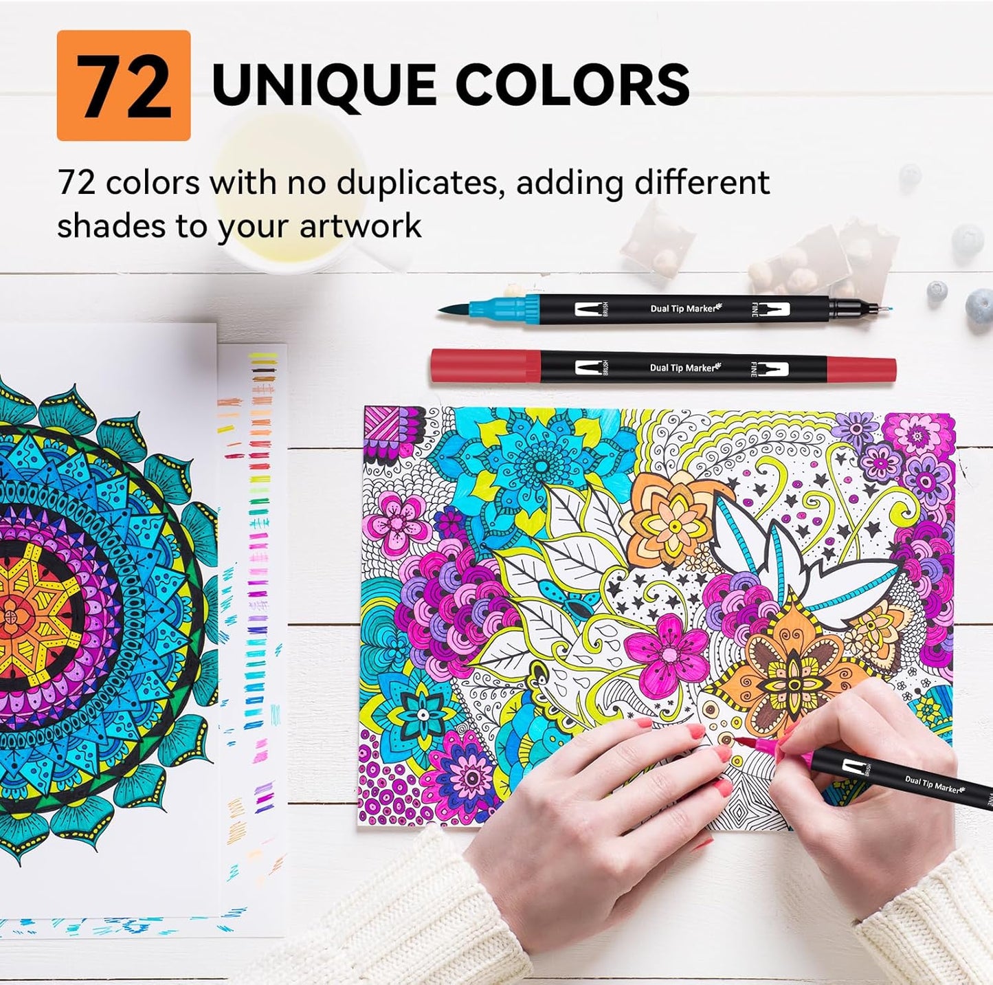Dual Markers Brush Pens for Adult Coloring Books, 72 Colors Art Marker Set with Fine & Brush Tip Pen for Bullet Journaling, Coloring, Drawing, Hand Lettering, Calligraphy, Art Supplies