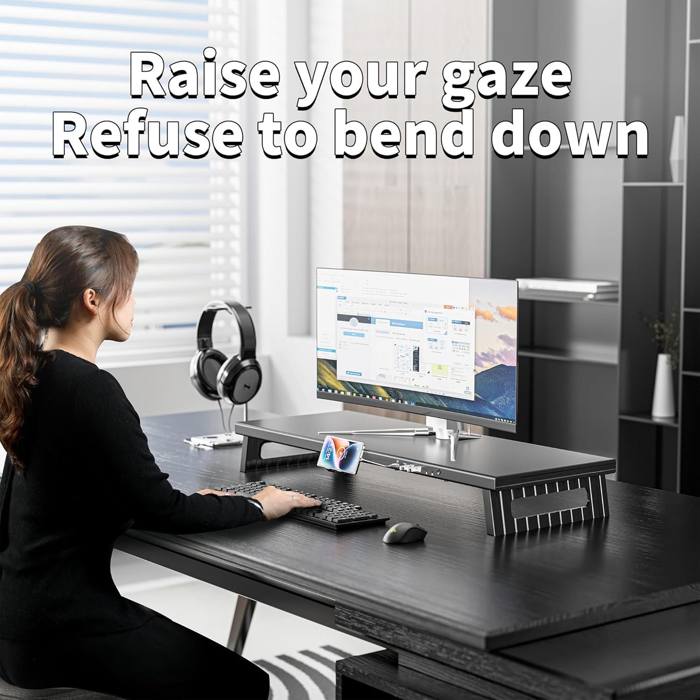 All-Metal Foldable Monitor Stand with 28cm Wide Desktop,, Headphone & Mic Jack, Detachable Phone Holder, (Basic Version, 530mm)