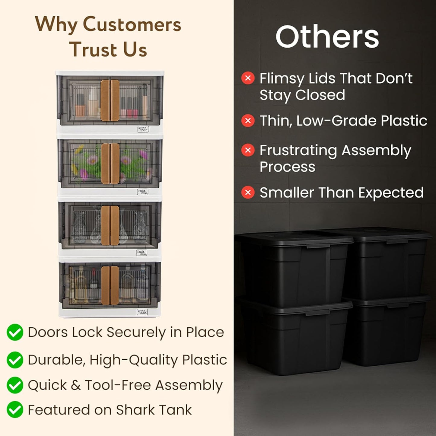 Quik Box - 8.5 Gallon Stackable Storage Bins with Doors & Wheels - Collapsible Organizer for Dorms, Bedroom & Home - Durable Polystyrene - White