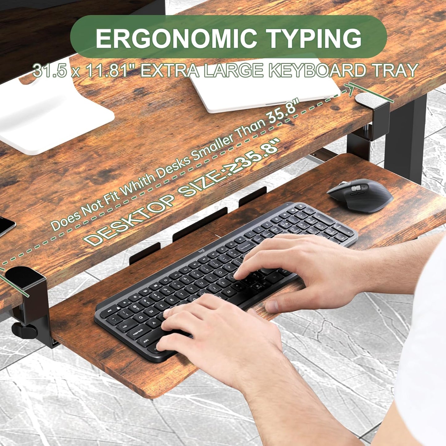 Extra Large Keyboard Tray Under Desk - Slide Out with Sturdy C-Clip Mount System, 31.5" (35.8" Including Clamps) x 11.8" Put-Out Keyboard Tray Computer Drawer, Rustic Vintage Brown