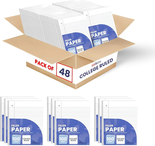 Loose Leaf Paper, Lined Notebook Paper, College Ruled Filler Paper, 100 Sheets, 3-Hole Punched, 10.5” x 8”, Binder Paper for Notetaking, Case Pack of 48