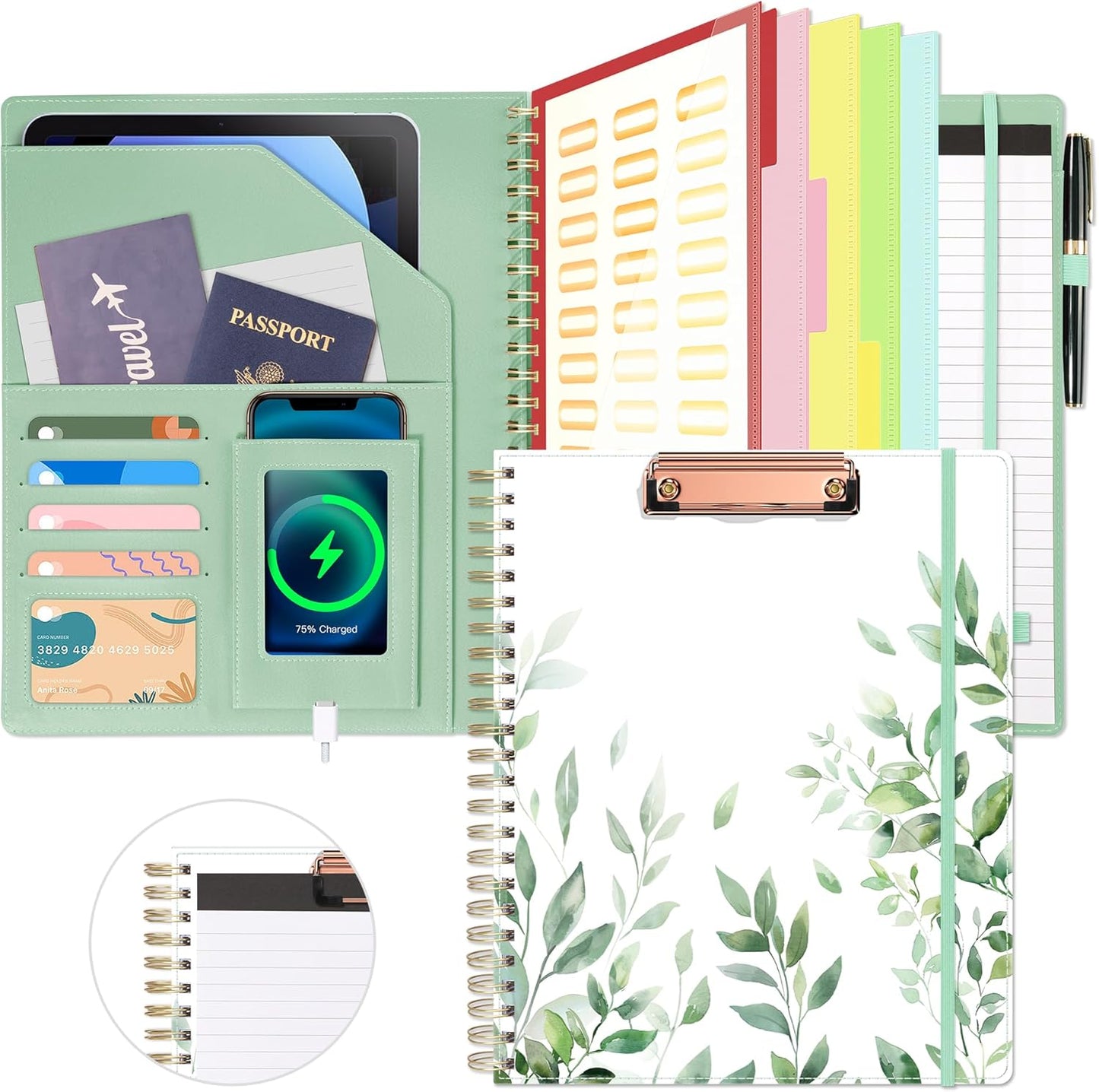 Ospelelf Clipboard with Storage, Leather Padfolio Portfolio Organizer 5 Folders with 10 Pockets, Spiral Clipboard Folio with Notepad for Letter Size, Elastic Closure and Pen Loop Green Plants