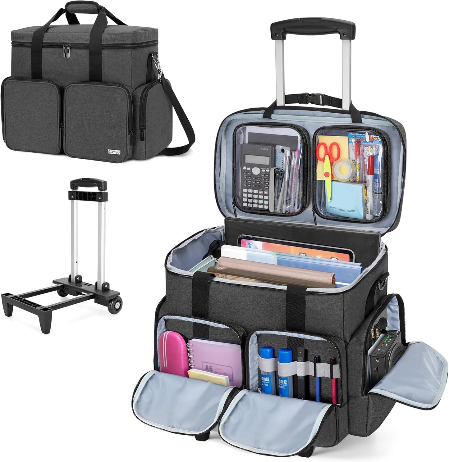 CURMIO Rolling Teacher Tote Bag with Padded Laptop Compartment for up to 15.6 Inches Laptop, Wheeled Teacher Bag for Teaching, Office, Craft, Black