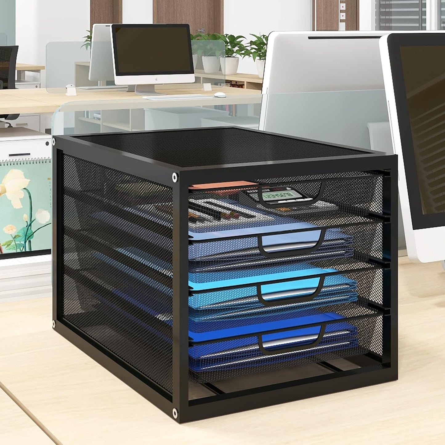 Natwind Mesh Desk Organizer with 4 Tier Sliding Drawers, Office Supplies Desktop Organizers and Accessories Stationery Storage, Paper Sorter, File Binder Organizer for Home Office School,Black