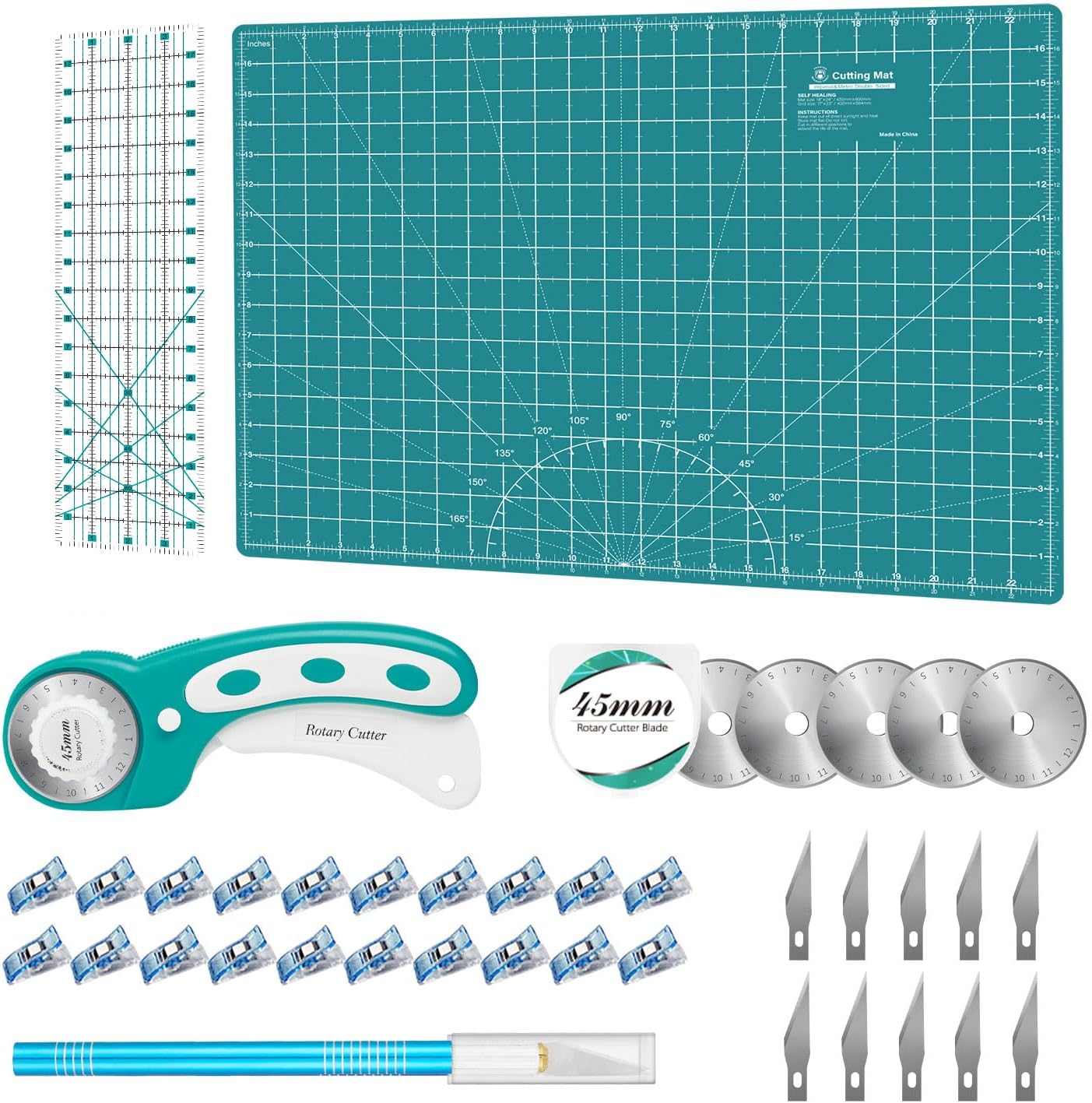 Rotary Cutter Set - Quilting Kit incl. 45mm Fabric Cutter, 5 Replacement Blades, A2 Cutting Mat, Acrylic Quilting Ruler and Sewing Clips, Craft Knife Set, Ideal for Crafting, Sewing, Patchworking