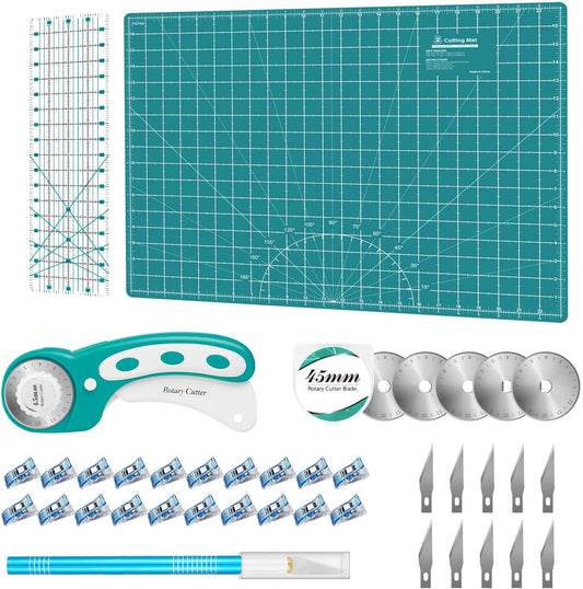Rotary Cutter Set - Quilting Kit incl. 45mm Fabric Cutter, 5 Replacement Blades, A2 Cutting Mat, Acrylic Quilting Ruler and Sewing Clips, Craft Knife Set, Ideal for Crafting, Sewing, Patchworking