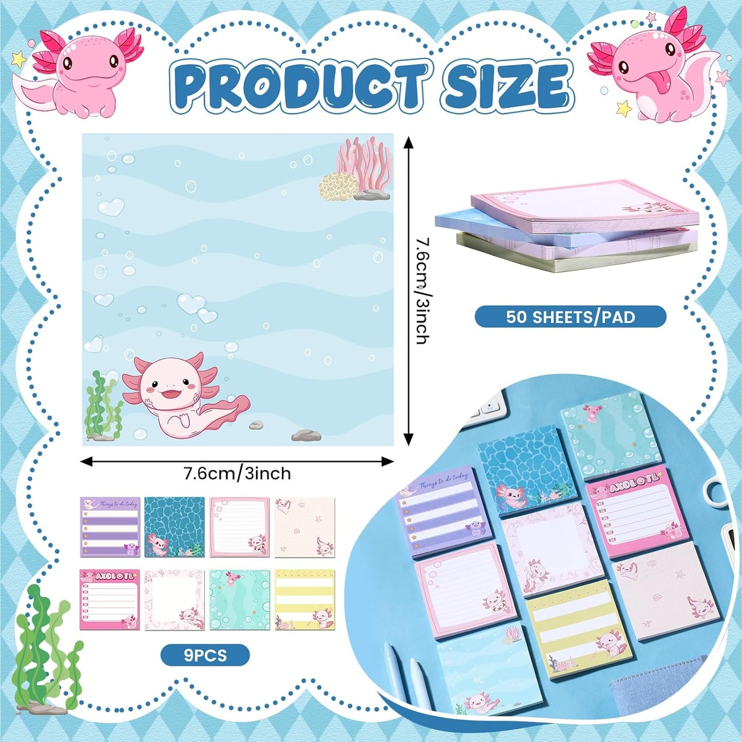 9 Pads Axolotl Sticky Notes 3x3 Inch Cute Self Stick Notepads Notes Adhesive Memo Pad Office Decor Gifts for Students School Teacher Meeting Office Supplies