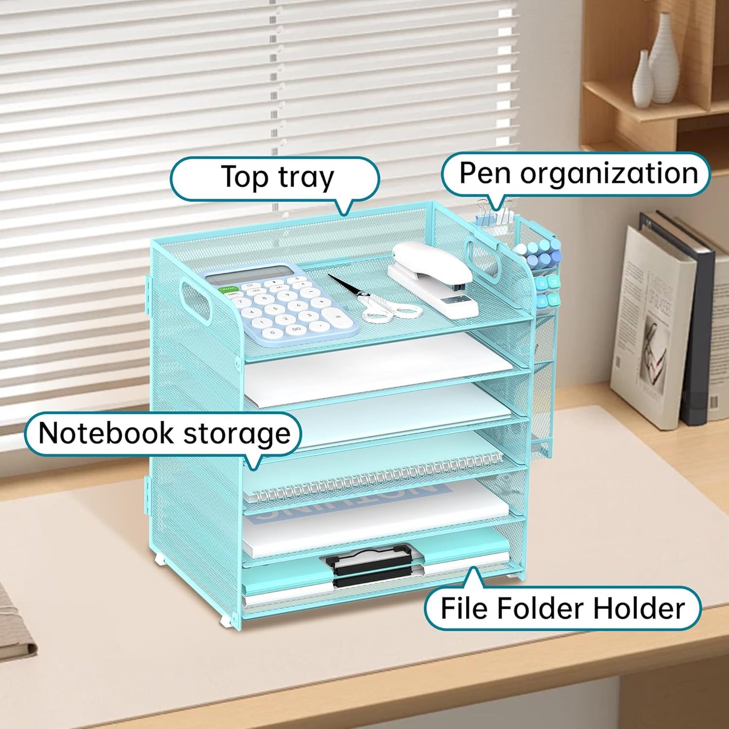 SUPEASY 6 Tier Paper Organizer with 4 Pen Holders, Mesh Letter Tray with Handle, A4 File Organizer, Blue