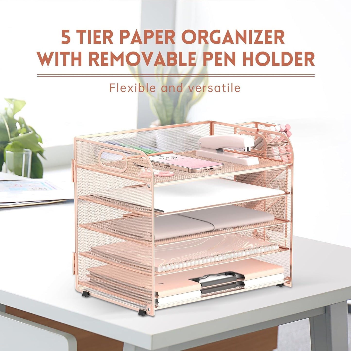 SUPEASY 5 Tier Desk Organizer with Handle & Removable Pen Holders, Mesh Paper/File Organizer for Office Supplies, Rose Gold