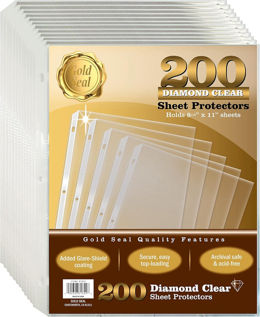 GOLD SEAL 200 Count Diamond Clear Sheet Protectors, Added Anti Glare Coating, Standard Durable Weight, 8.5 x 11, Topload, 200 Boxed Sheet Protectors