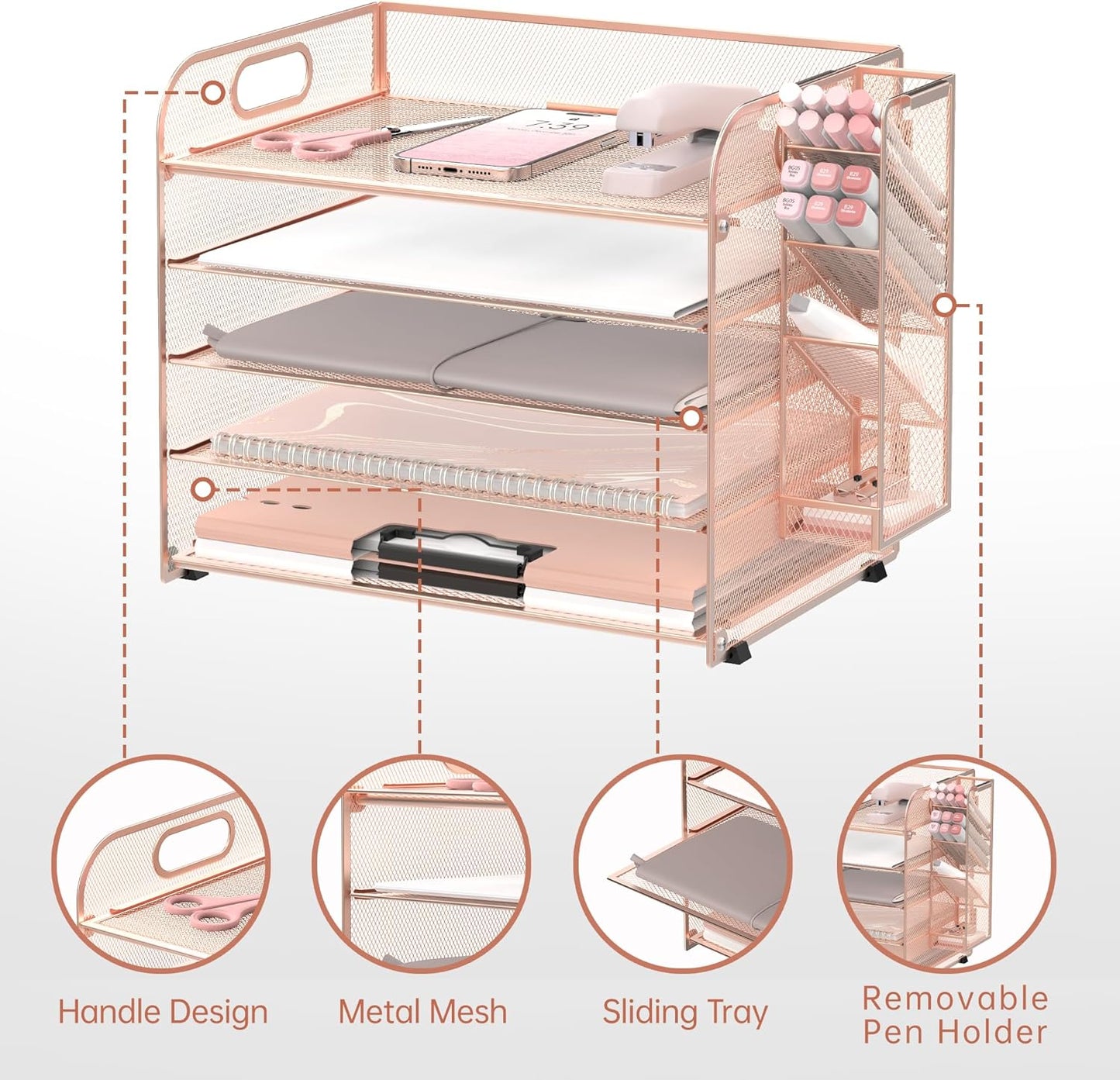 SUPEASY 5 Tier Desk Organizer with Handle & Removable Pen Holders, Mesh Paper/File Organizer for Office Supplies, Rose Gold