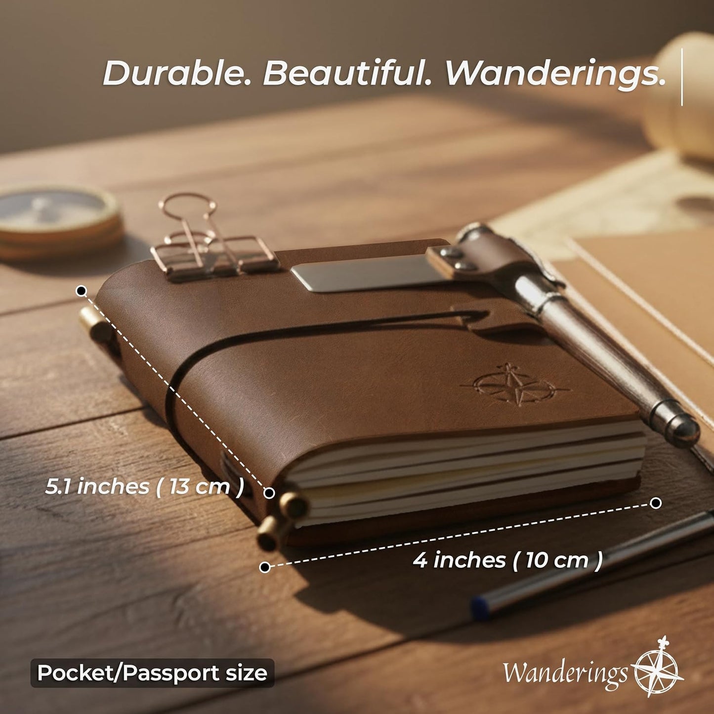 WANDERINGS Pocket Notebook Bundle - 4" x 5.1" / 10cm x 13cm - Small, Passport Size Refillable Travelers Notebook - Includes a Pen Holder with a Pen, 2 extra Ink Refills, a PVC Folder, Binder Clip