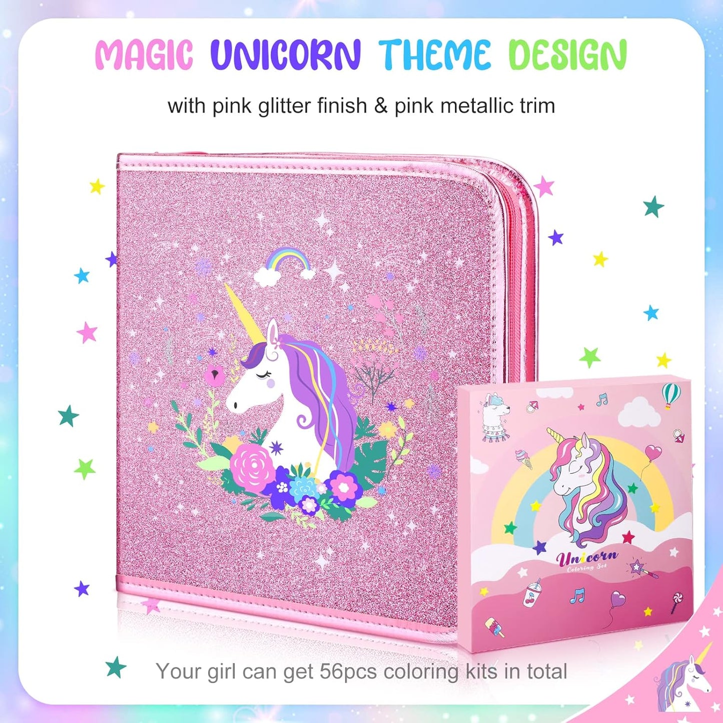 Fruit Scented Markers Set 56Pcs with Glitter Unicorn Pencil Case & Stationery,Art Supplies for Kids Ages 4-6-8, Art Coloring Kits Box,Gifts Toy for Girls Age 5,7,Pencil&Crayon Drawing Stuff