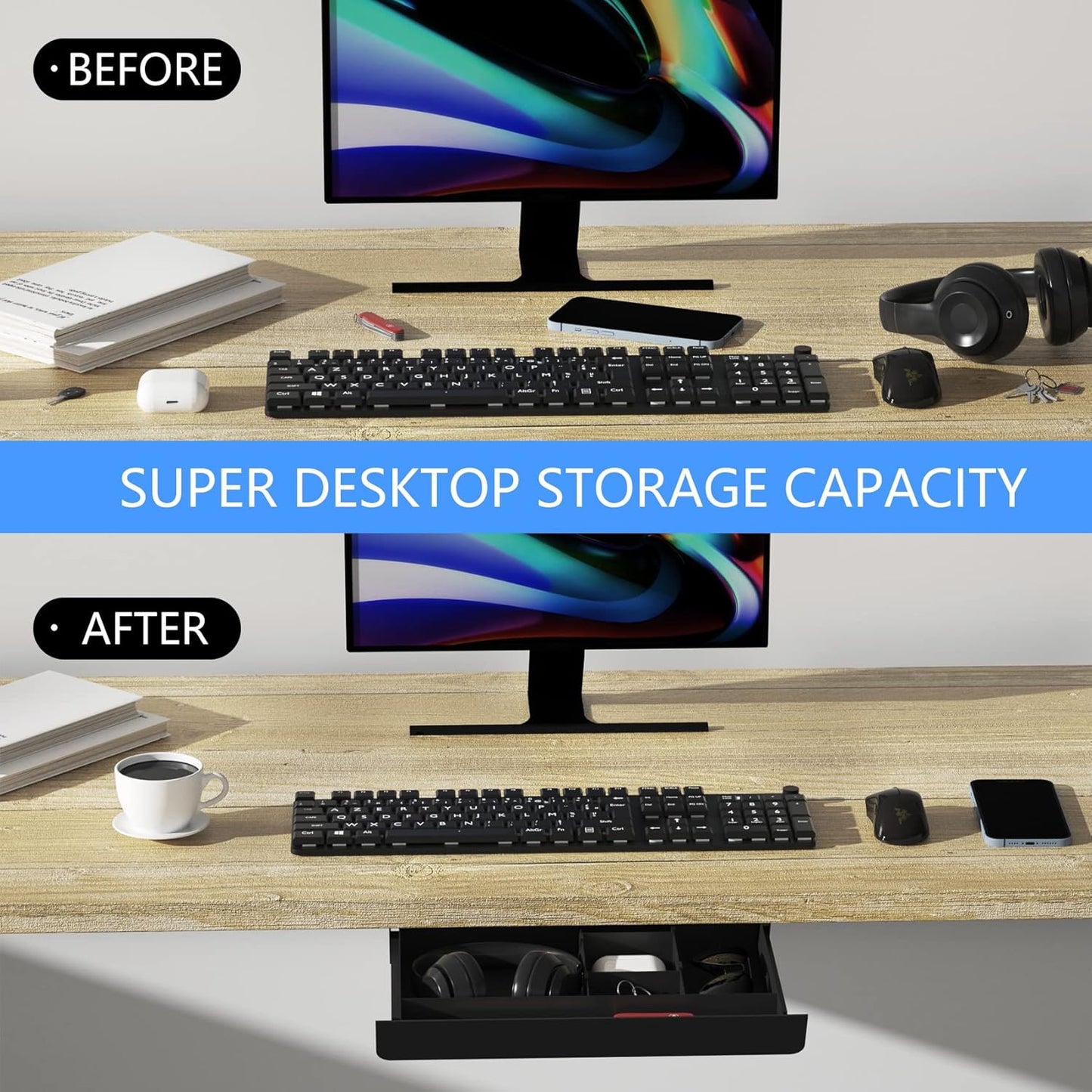 Under Desk Mounted Sliding Pull-out Drawer with Pencil Tray and Slide Storage Tray, 17'' long & 13.5'' deep Large Storage Organizer for Sit Stand Workstation