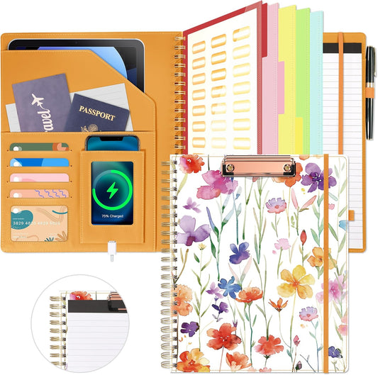 Ospelelf Clipboard with Storage for Women, Leather Padfolio Portfolio Organizer 5 Folders with 10 Pockets, Spiral Clipboard Folio with Notepad for Letter Size, Elastic Closure and Pen Loop Flowers