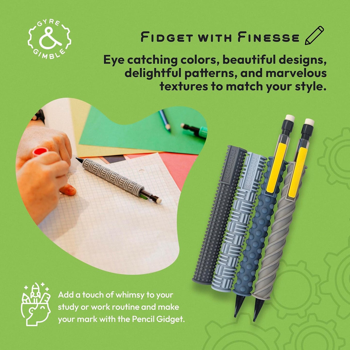 Gyre & Gimble Pencil Gidgets – Textured Silicone Pencil Sleeve for Quiet Fidgeting – Transform Your Mechanical Pencil into a Sensory ADHD Tool for Kids and Adults – 4 Sleeves & 2 Pencils - Gray