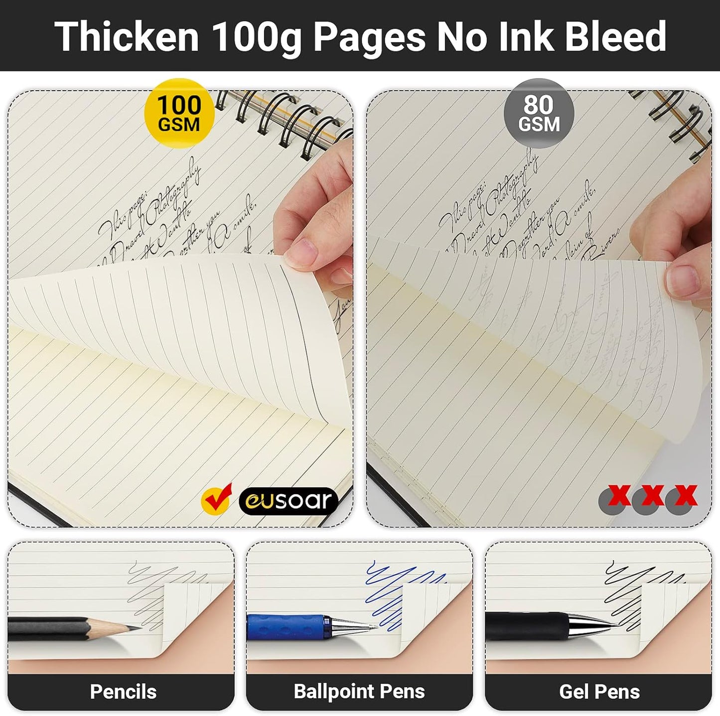 EUSOAR 5 Subject Notebook College Ruled, 1 Pack A4 11" x 8-1/2", 100GSM Line Paper,120 Sheets/ 240 Pages, Thick Hardcover Large Journal Notebooks with Dividers for School Office Note Taking Travel