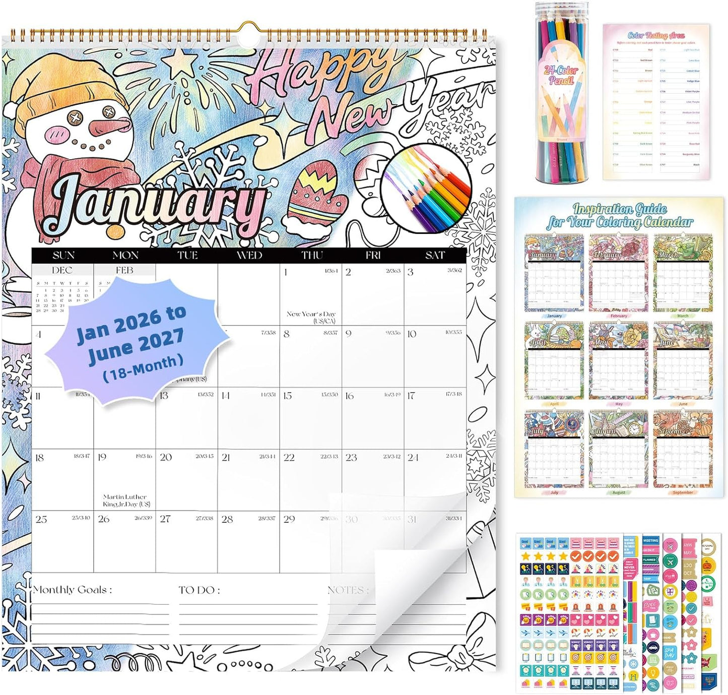 Ospelelf Wall Calendar 2026-2027 Monthly Large 22'' x 17'' Spiral Coloring Calendars,18 Month Family Office Calendar, Use Jan 2026 - June 2027, Season