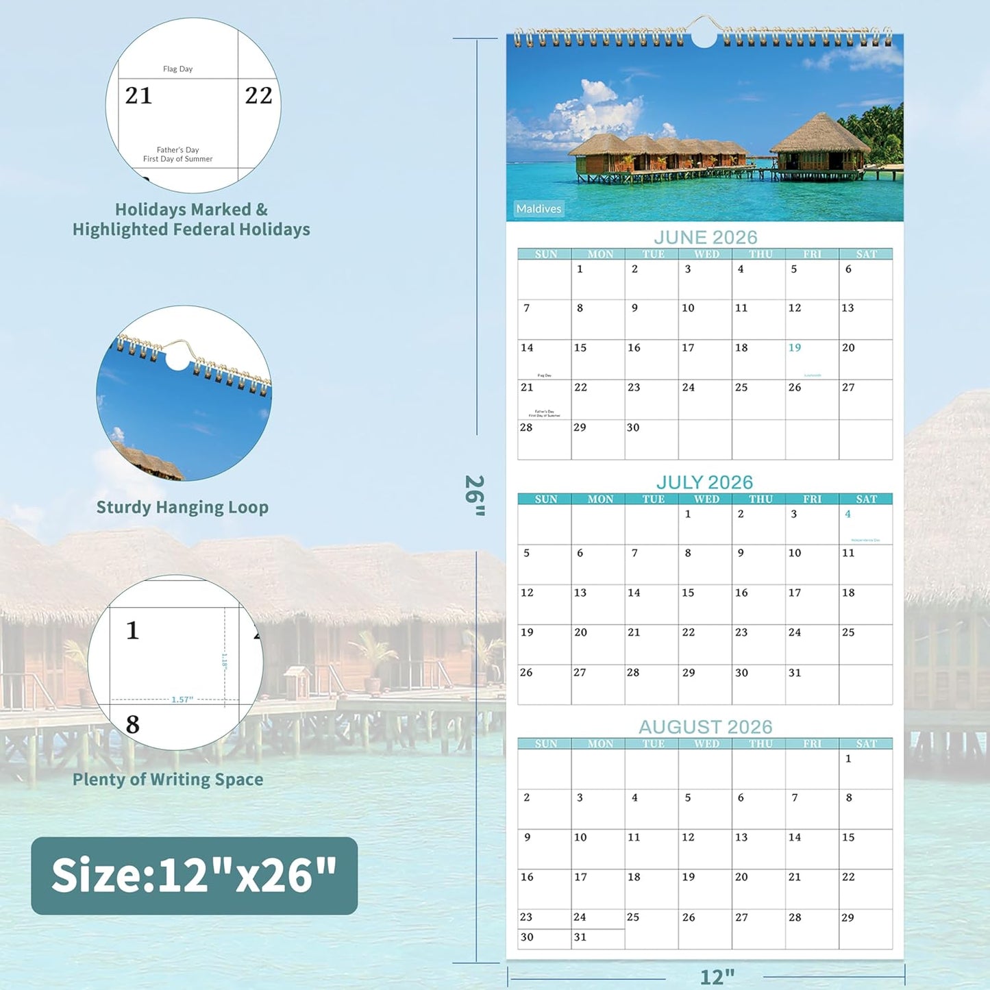 2026 Calendar - 3 Month Calendar 2026 Wall Calendar, 14 Months December 2025-January 2027, Vertical 3-Month Display Calendars 2026, 12 Unique Patterns 3 Month Wall Calendars 2026, 12"×26"