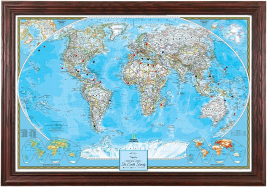 Canvas Classic World Map Pin Board – Framed Travel Map with Pins for Wall – Personalized Push Pin World Map for Tracking Journeys – 27.5" x 39.5" Solid Wood Cherry Frame