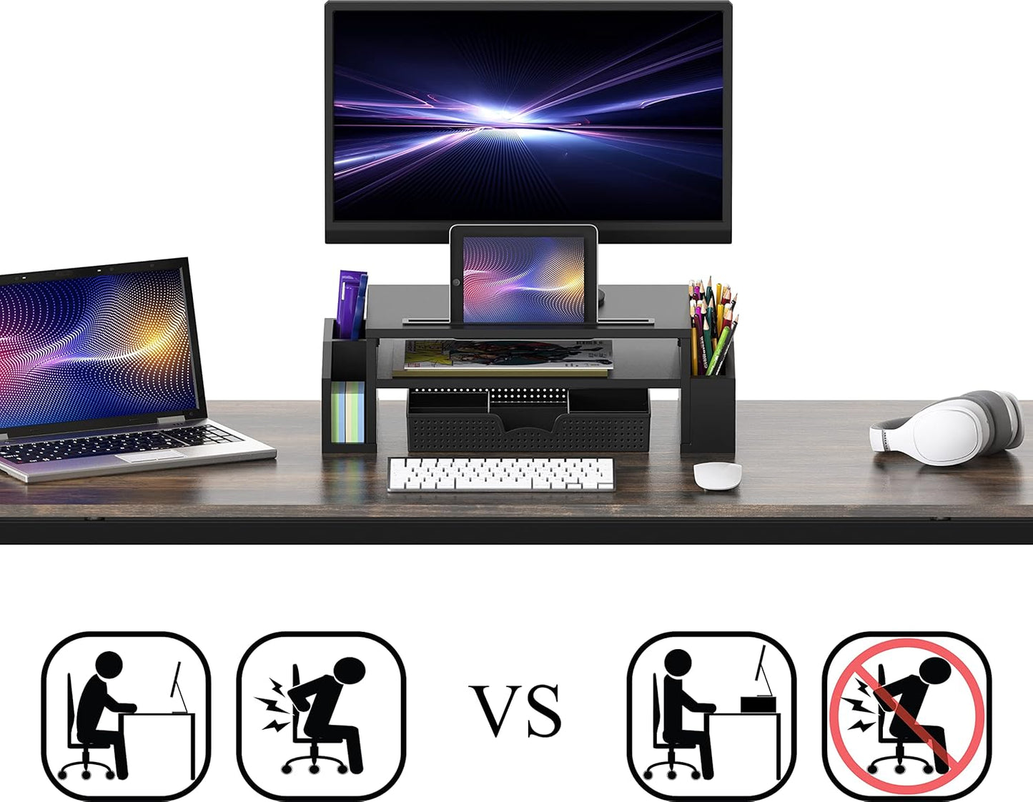 Simple Houseware Desk Monitor Stand Riser with Adjustable Organizer tray, Black