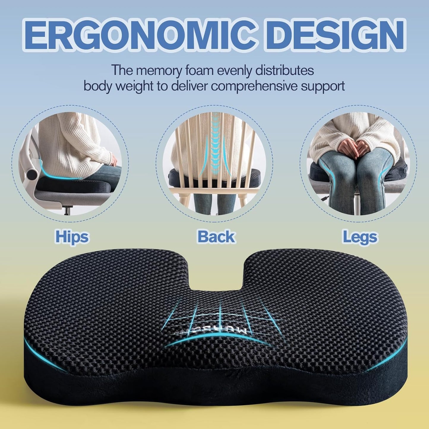 Seat Cushion for Office Chairs, Large Memory Foam Cushion for Car, Pressure Relief Ergonomic Chair Cushion with Non-Slip Cover for Soft Support for Hip All Day Comfort - Black