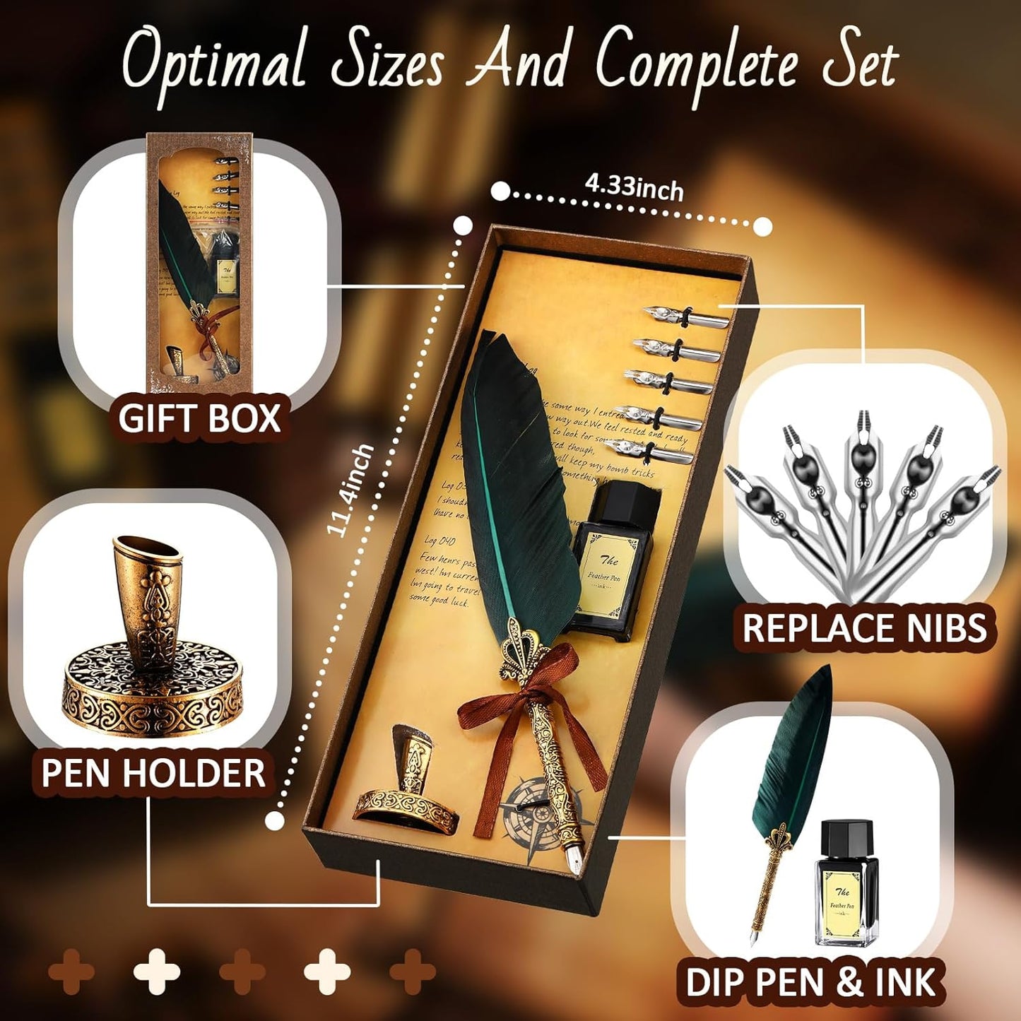 Epakh 2 Blank Scroll Paper with Wood Rods and 1 Feather Pen Set Vintage Christmas Scroll Prop Calligraphy Quill Pen with Nibs Inkwell Stand for Nice List Wedding Vows Writing Cosplay Prop Invitation