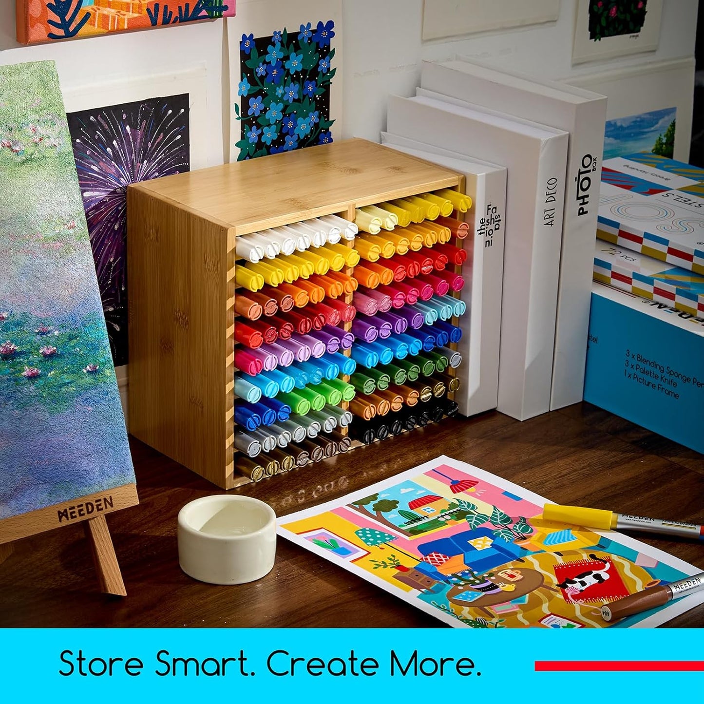 MEEDEN Bamboo Marker Holder Organizer: Holds 126 Pens with 18 Compartments- Art Supply Storage & Holder for Alcohol Markers，Pens，Pencils