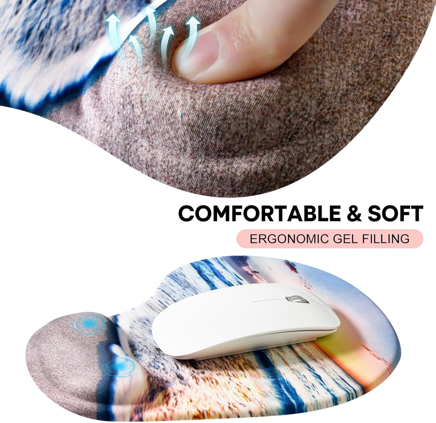 JIKIOU Mouse Pad, 2 Pack Ergonomic Mouse Pads with Comfortable Gel Wrist Rest Support and Smooth Cloth, Non-Slip PU Base for Easy Typing Pain Relief Durable and Easy to Clean Small Beach