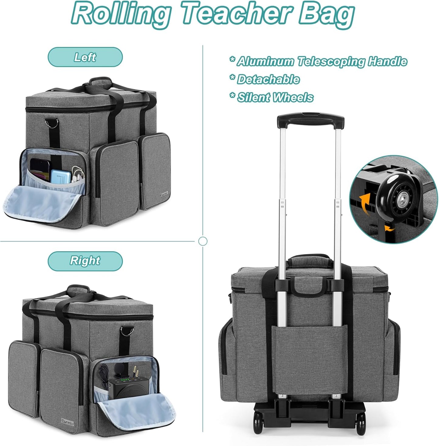 CURMIO Rolling Teacher Tote Bag with Padded Laptop Compartment for up to 15.6 Inches Laptop, Wheeled Teacher Bag for Teaching, Office, Craft, Gray