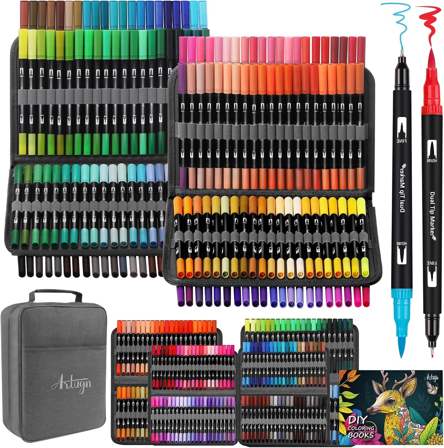 Dual Markers Brush Pens for Adult Coloring Books, 168 Colors Art Marker Set with Fine & Brush Tip Pen for Bullet Journaling, Coloring, Drawing, Hand Lettering, Calligraphy, Art Supplies