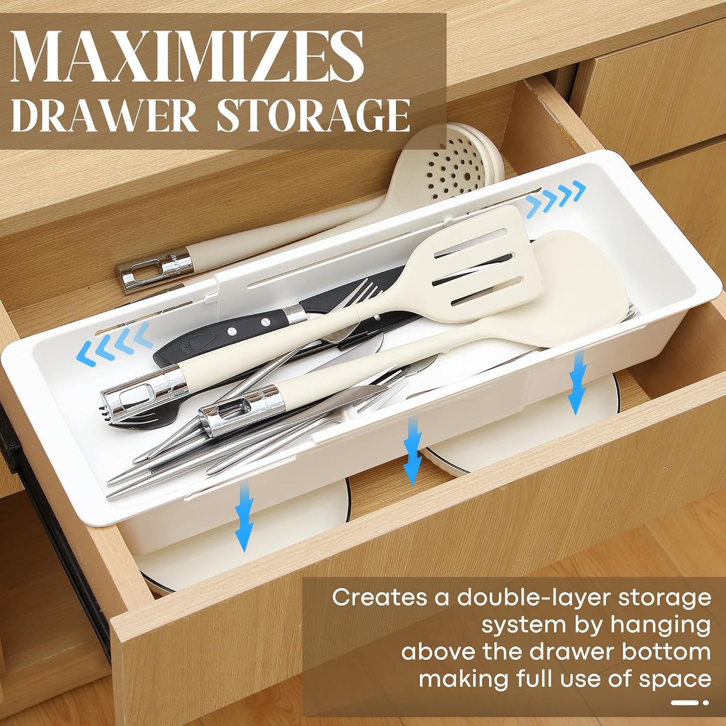 1 Pack Deep Drawer Organizer Bins, Sliding Drawer Organizer Bin Expandable and Adjustable Tray for Kitchen Utensils, Towels, BBQ Tools, Durable Plastic Sliding for Easy Storage (17.4-27.6")