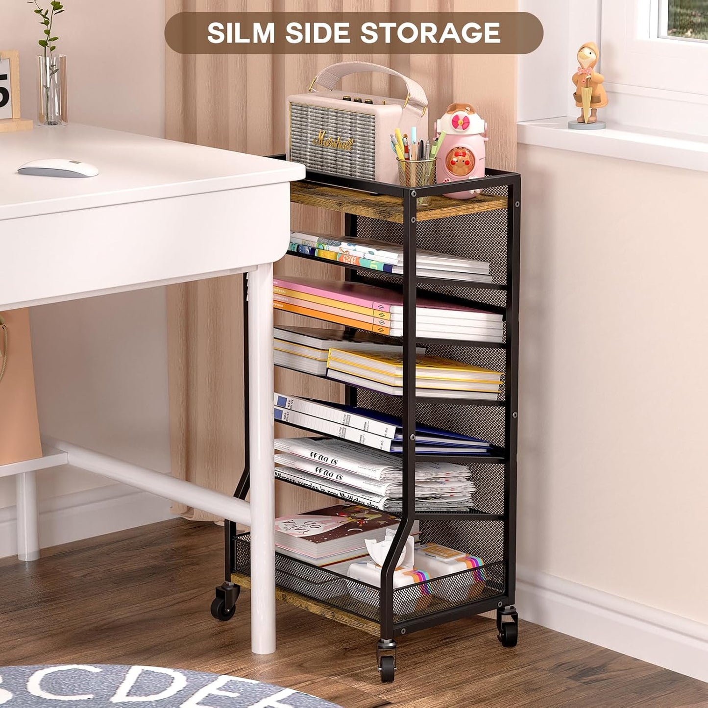 7 Tier Rolling File Cart with Sliding Trays, Wood Metal File Organizer Beside Desk, Free-Standing File Holder, Paper Letter Tray Organizer Mesh Desk Organizer for Home Office School (Patent)