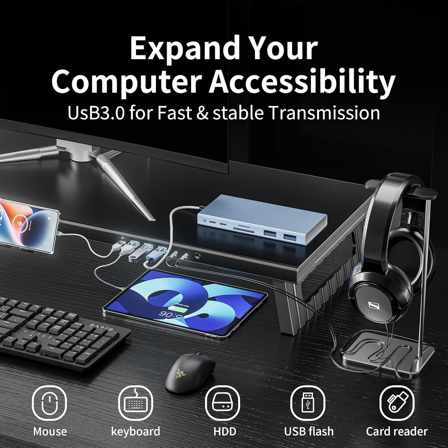 All-Metal Foldable Monitor Stand with 28cm Wide Desktop,, Headphone & Mic Jack, Detachable Phone Holder, (USB Hub Fast Charging Version, 760mm)
