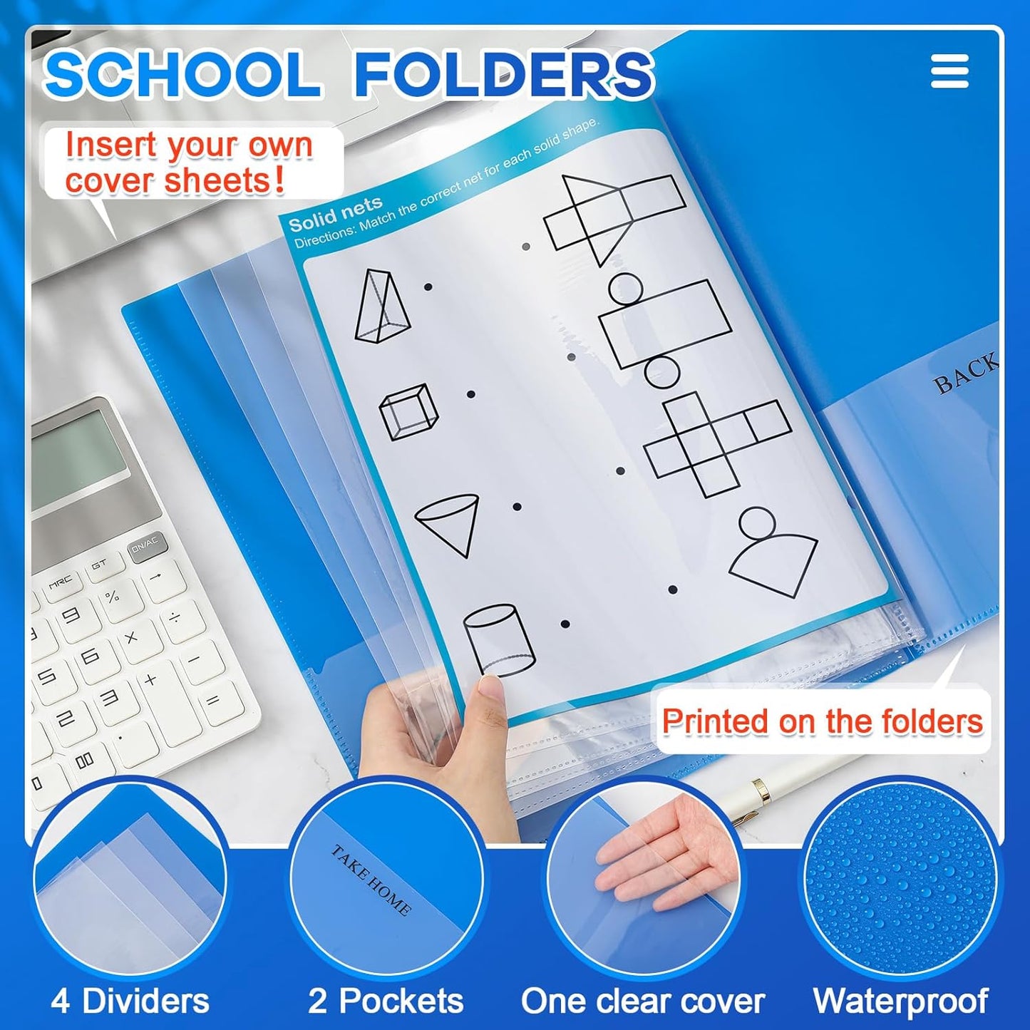 Henoyso 24 Pcs School and Home 2 Pocket Folders with 4 Clear Inner Pockets Plastic Heavy Duty Homework Folders Parent Teacher Communication for Student Home Office Classroom,11 x 9 Inch (Blue)