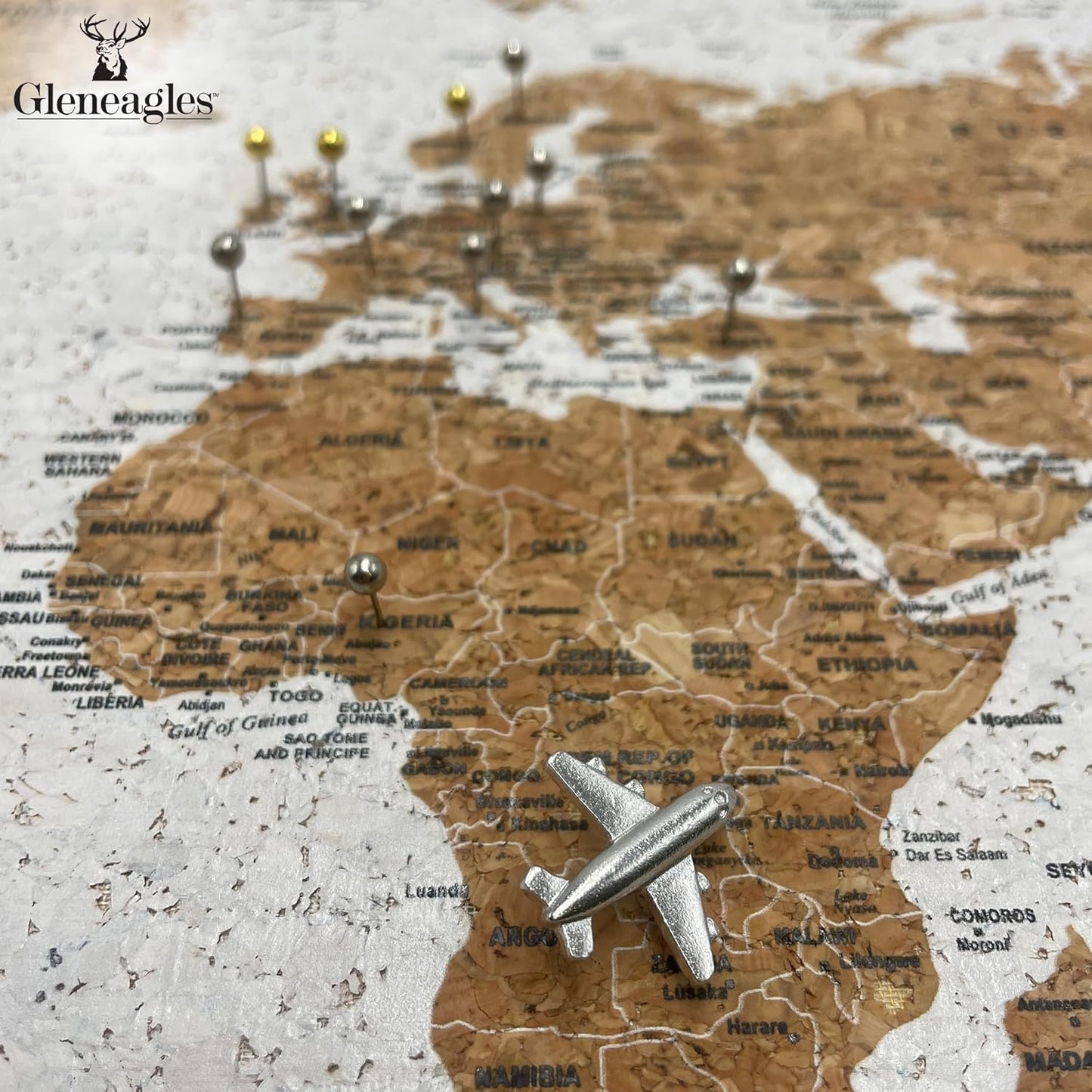 Gleneagles World Travel Map & Pin Board | Framed Pinboard | Cork Wooden Design | 70 Push Pins Included | 14.2'' x 21.2'' Personalised Home Wanderlust Decor for Travelers (Black)